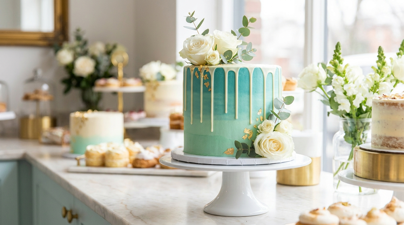 Signature teal drip cake